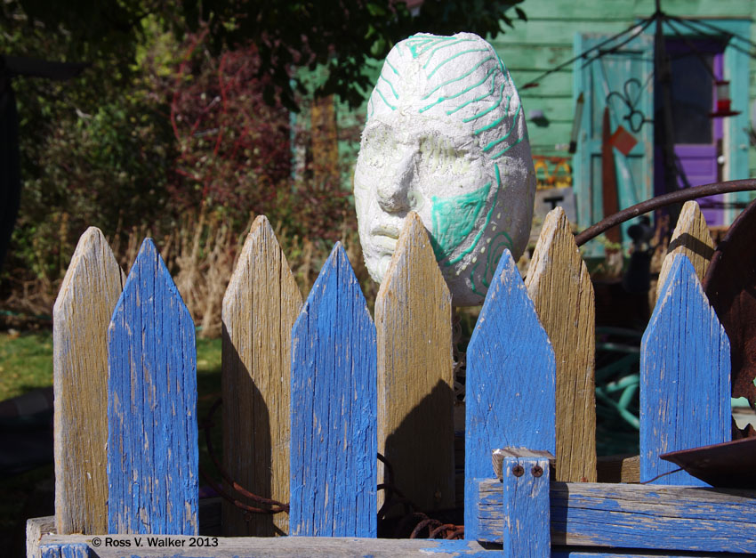 A mask-like head peers over a fence at Tuscarora, Nevada