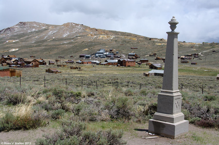 The Masonic monument in the cemetery overlooks the town, Bodie, California