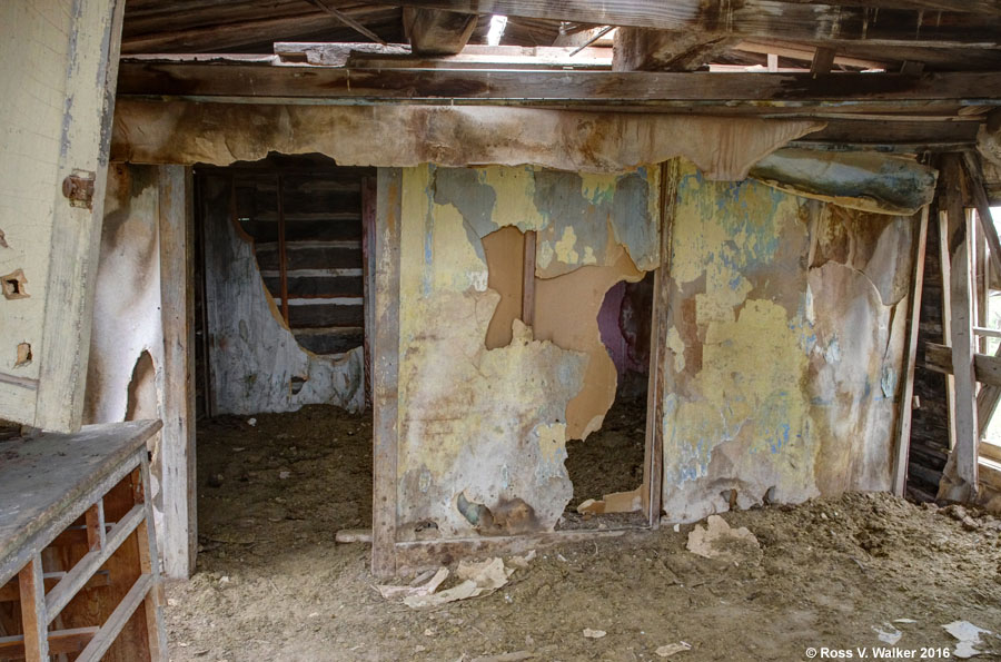 Interior of a railroad tie cabin at Sage, Wyoming