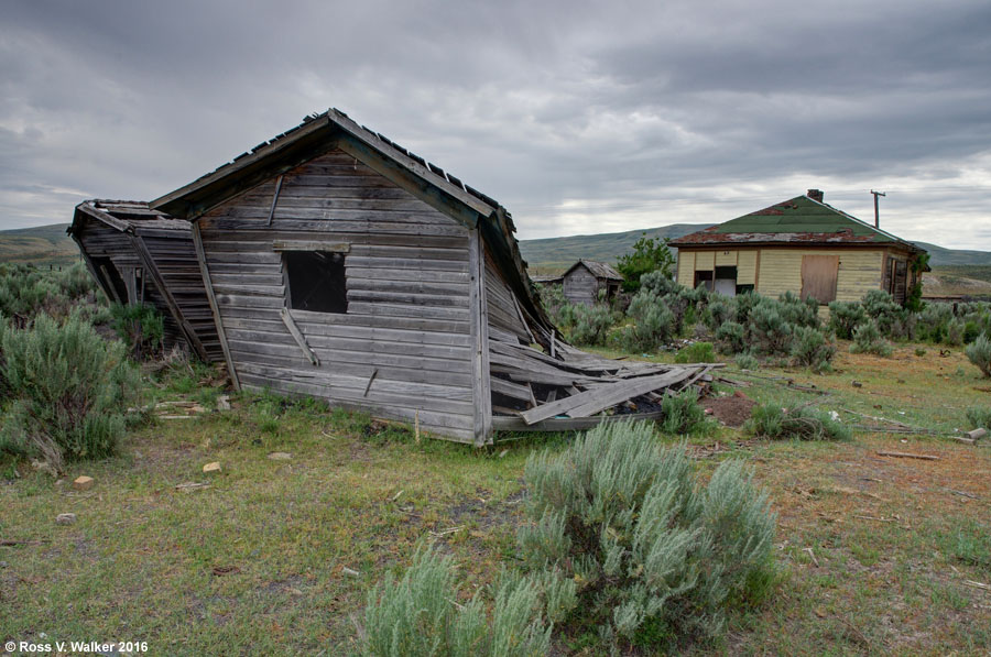 Leaning cabins in Sage, Wyoming. including the Post Office.