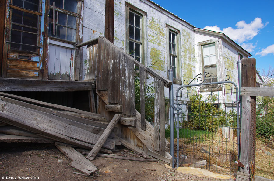 An old house with embossed tin siding at Tuscarora, Nevada