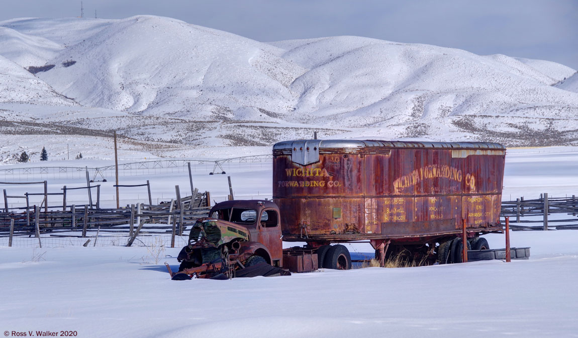 An abandoned truck rusts in the snow at Wardboro, Idaho
