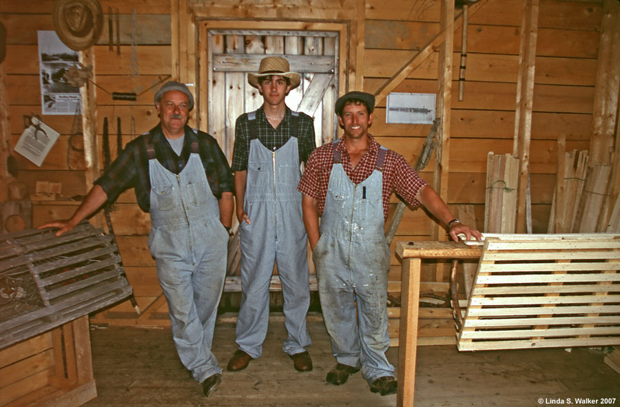 Lobster trap craftsmen, Le Village Historique Acadien de la Nouvelle-Ecosse, Canada